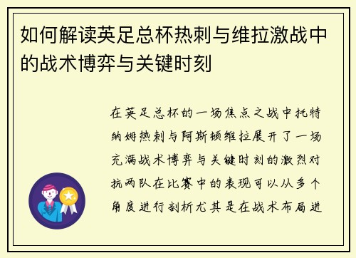如何解读英足总杯热刺与维拉激战中的战术博弈与关键时刻